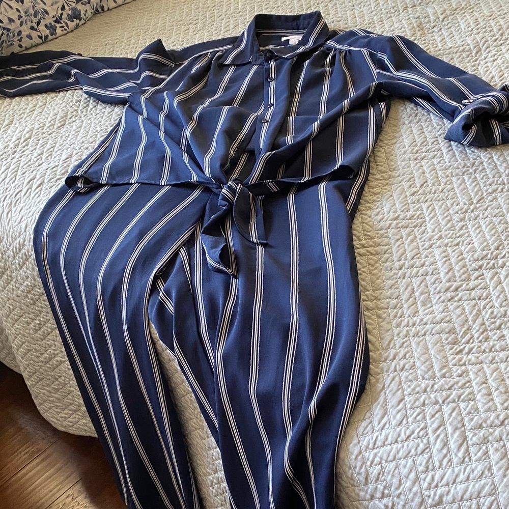 Charter Club Navy and White Striped Shirt and Cropped wide legged pants